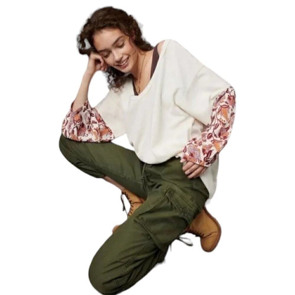 Anthropologie Annette Ivory Floral Print Long Sleeve Waffle Knit Oversized Top S